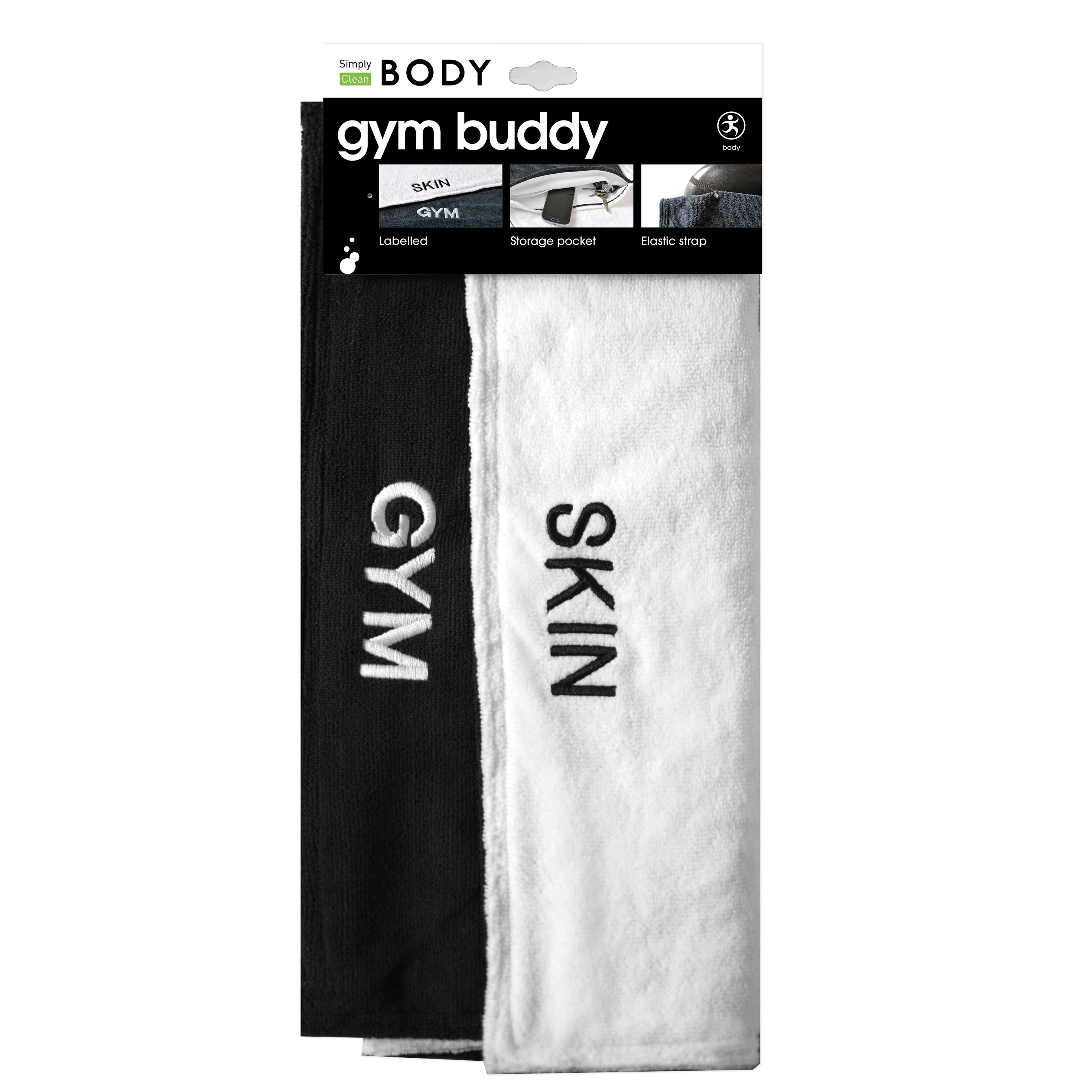Black and white towel with 'GYM' and 'SKIN' text, branded as 'gym buddy'. Simply Clean Active Gym Buddy