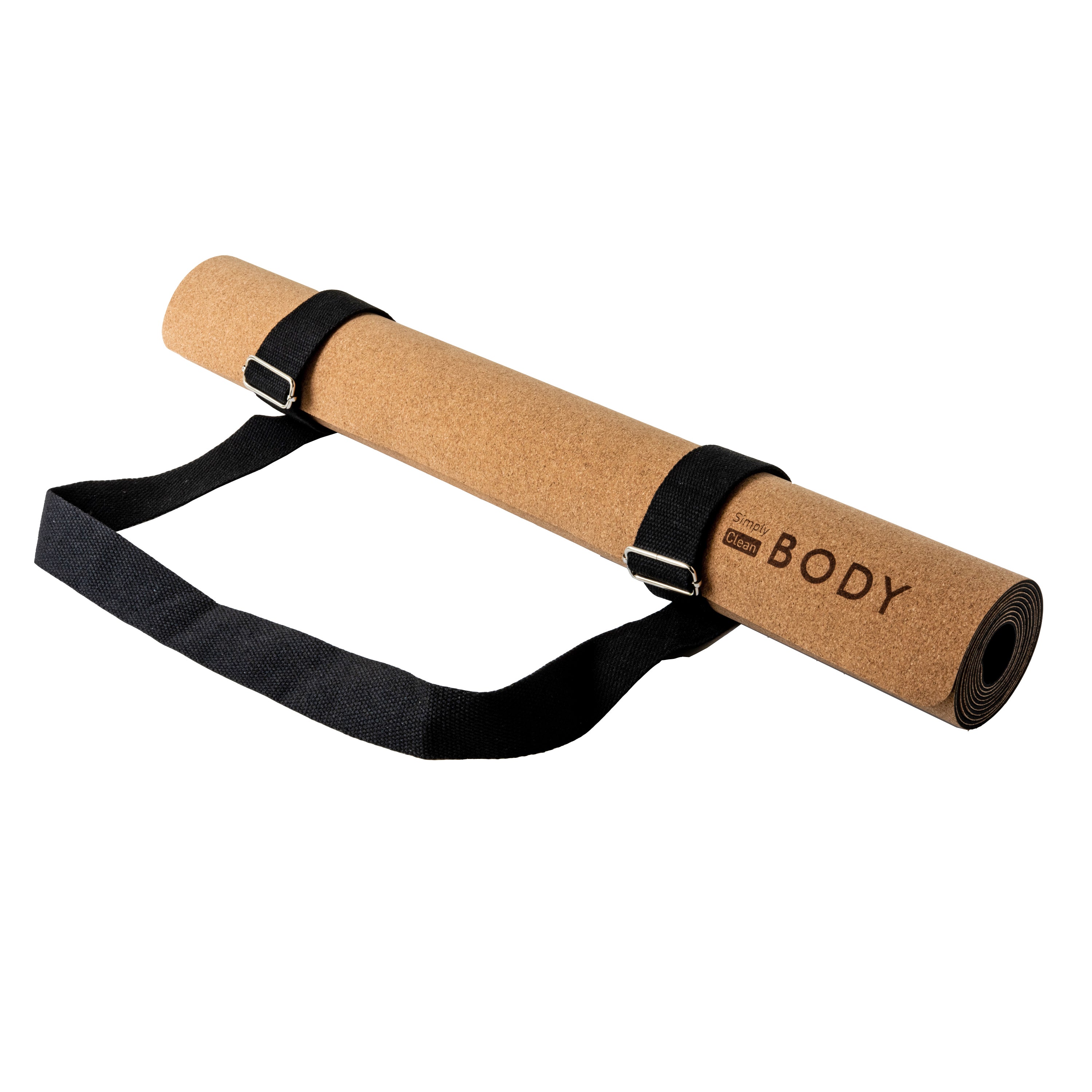 Cork yoga mat with black strap on a white background. Simply Clean Active Cork Yoga Mat
