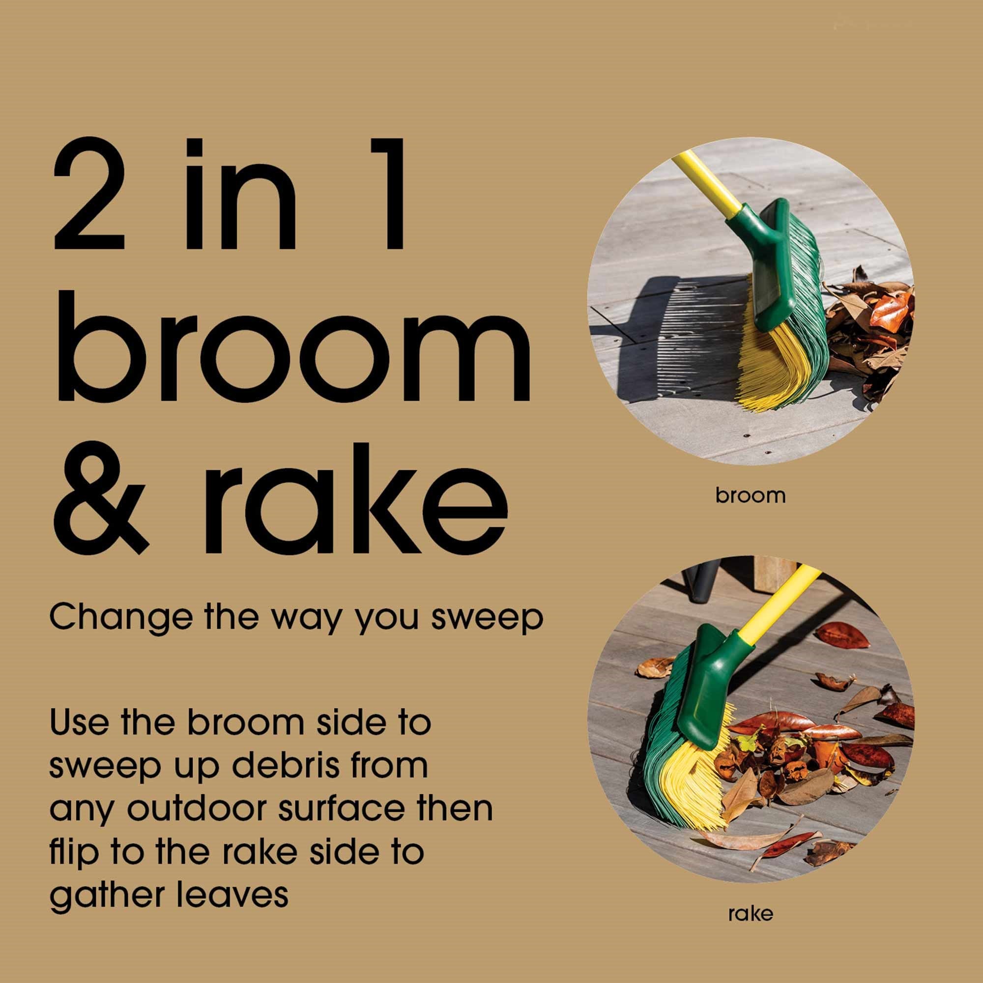 Two-in-one broom and rake tool on a beige background with text describing its use. Simply Clean 2IN1 Broom & Rake