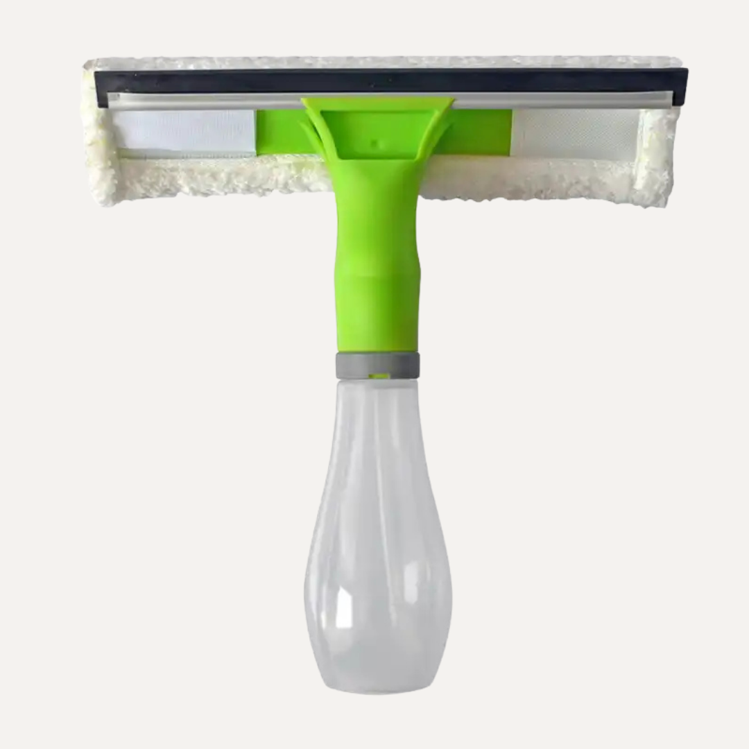 Cleaning tool with green handle and white bristle brush on a white background. Simply Clean 3 in 1 Spray Window Cleaner