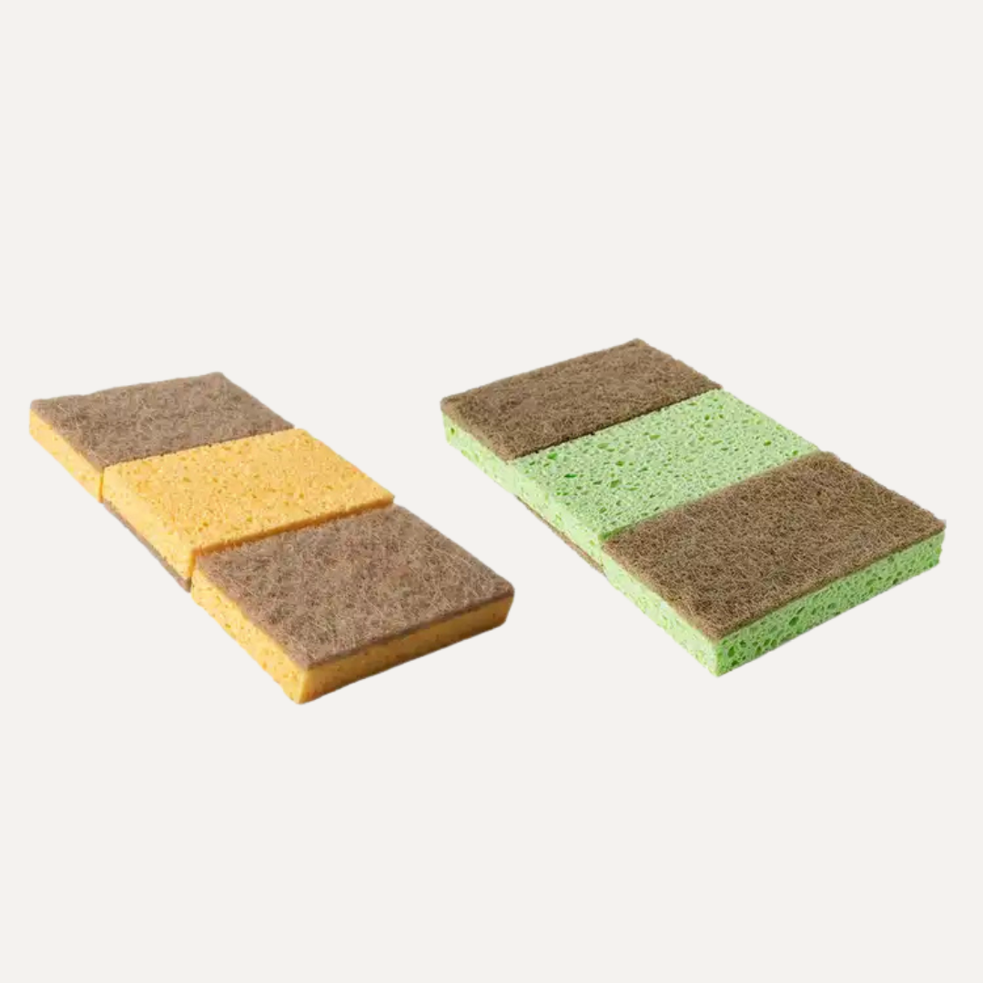 Two rectangular sponges with different colored pads on a white background. Simply Clean Coconut Fibre Sponges 3 Pack