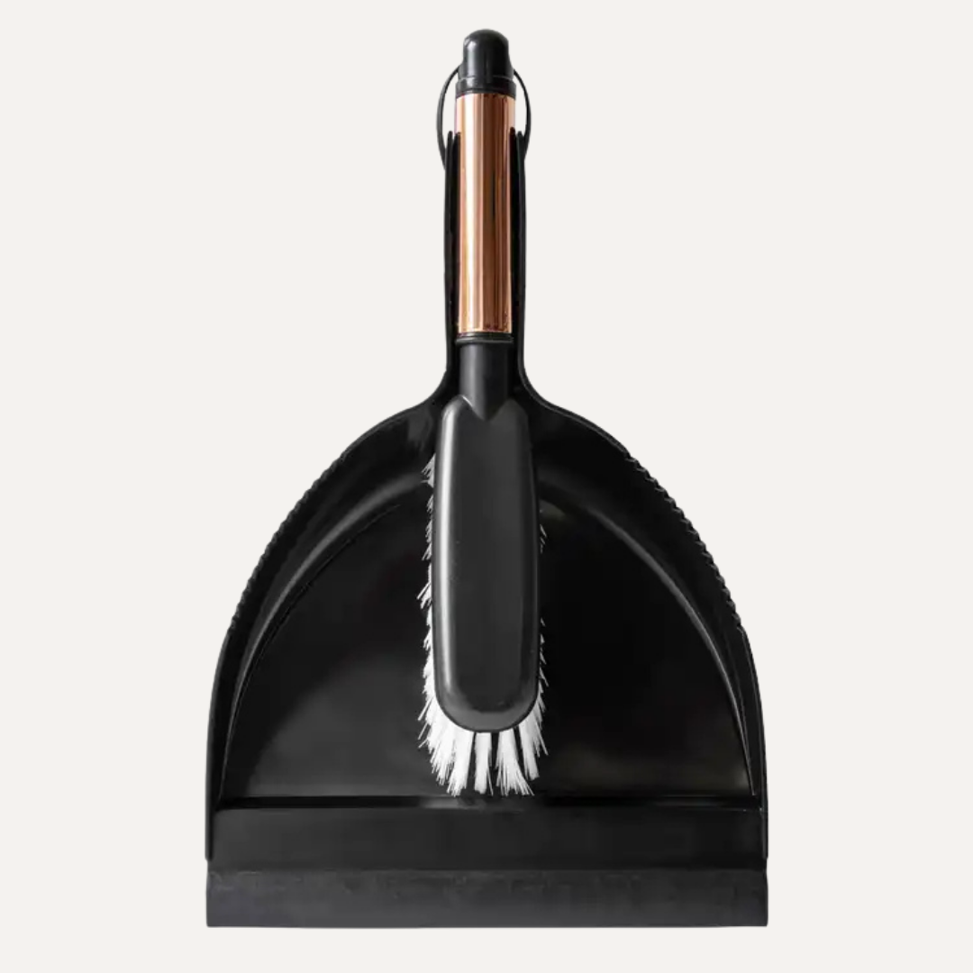 Black dustpan and brush set on a white background. Simply Clean Rubber Head Hand Brush and Dustplan