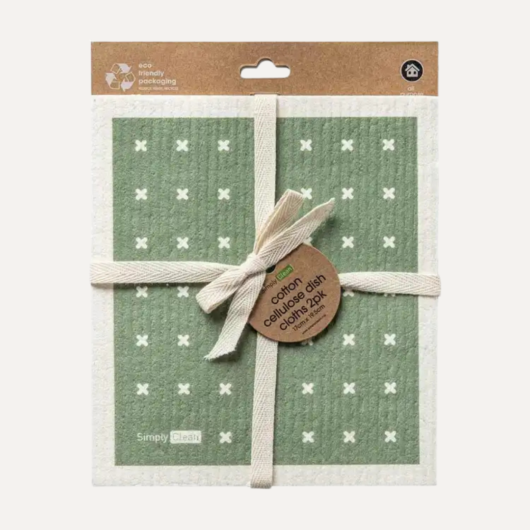 Packaged cotton cellulose dish cloths with a green and white pattern on a white background. Cotton Cellulose Dish Cloths 2 Pack