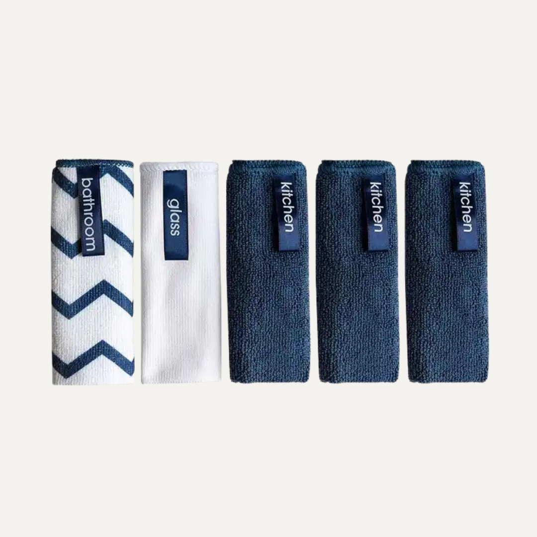 Set of five microfiber cloths with labels for different surfaces on a white background. Simply Clean Microfibre Cloths