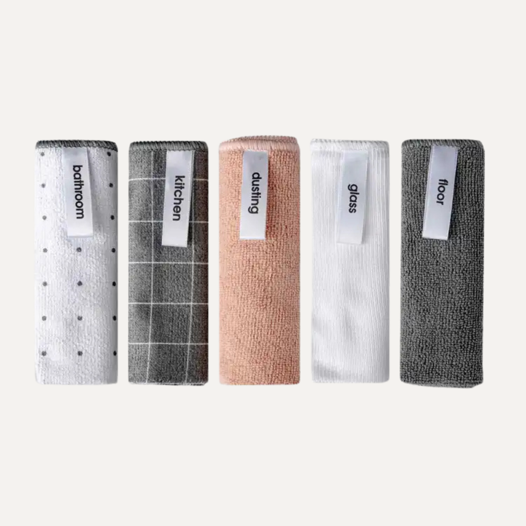 Five microfiber cloths with labels indicating their use for different surfaces on a white background. Simply Clean Microfibre Cloths