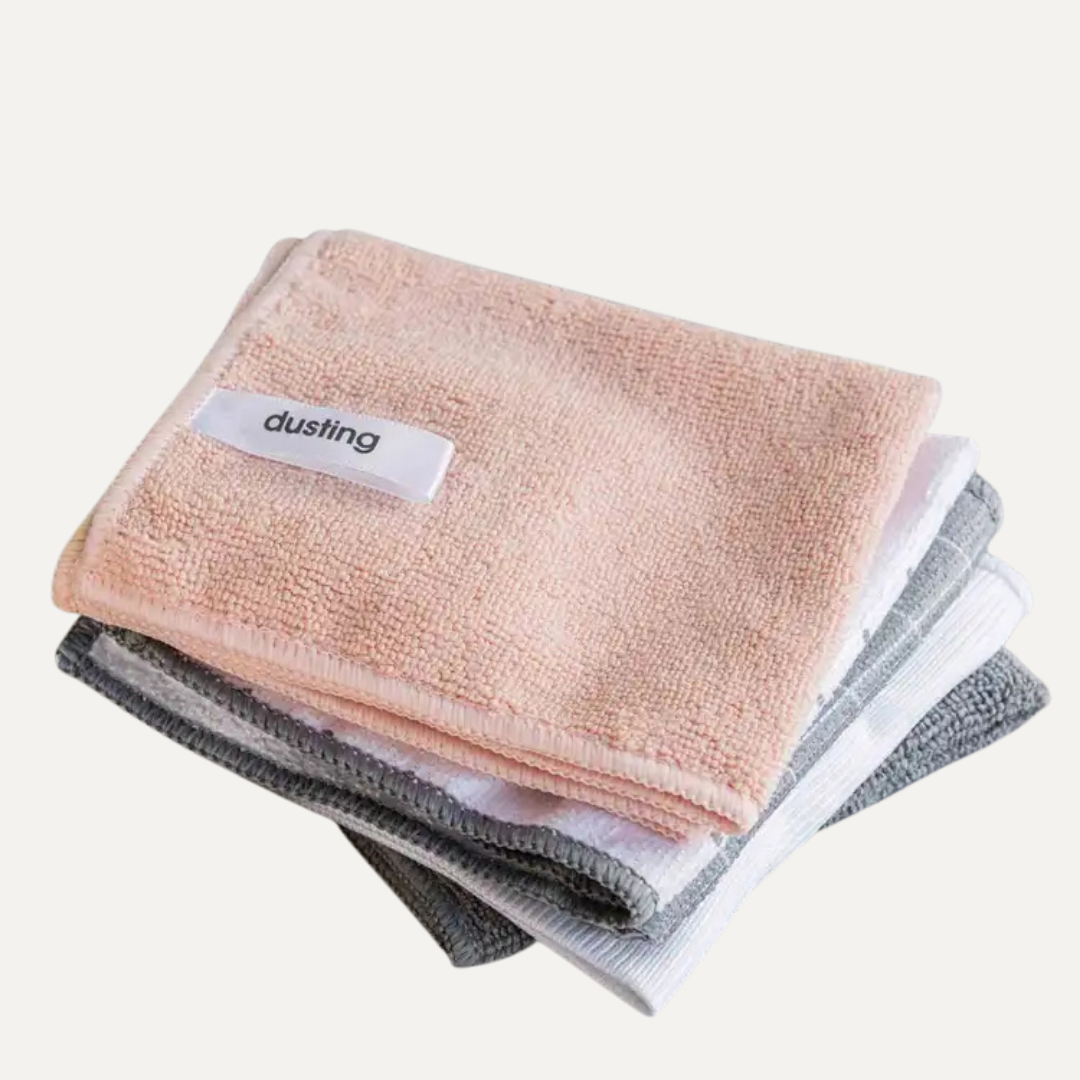 Stack of microfiber cleaning cloths with a 'dusting' label on a white background. Simply Clean Microfibre Cloths