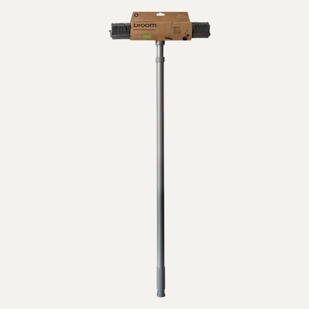 Cleaning tool with a cardboard box labeled 'broom' on a white background. Simply Clean Rubber Broom with Telescopic Handle