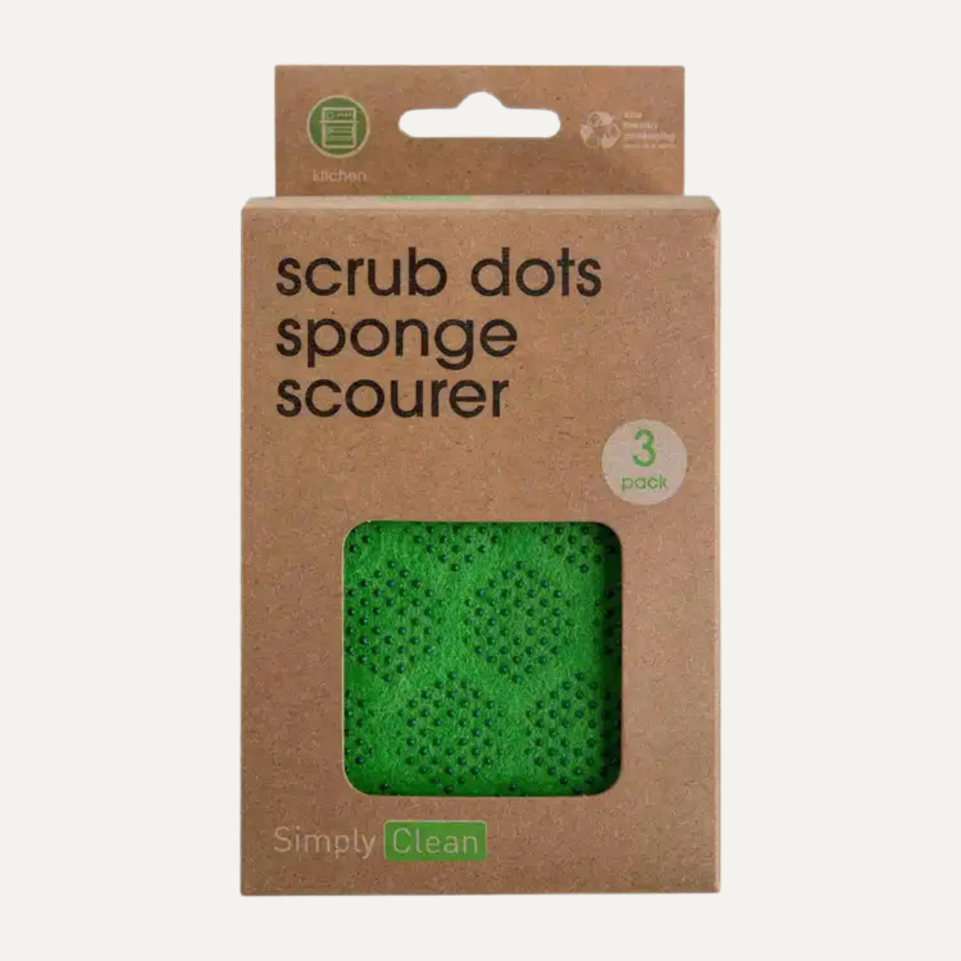Package of scrub dots sponge scourer with green sponge visible through window. Simply Clean Sponge Scrubber with Rubber Scrub Dots - 3 Pack