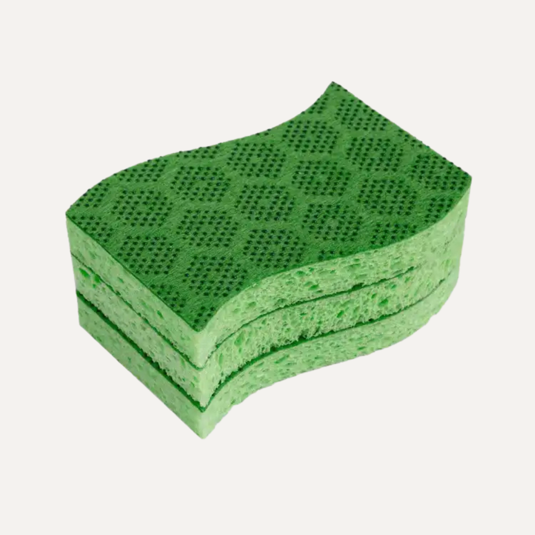 Green sponge on a white background. Simply Clean Sponge Scourer