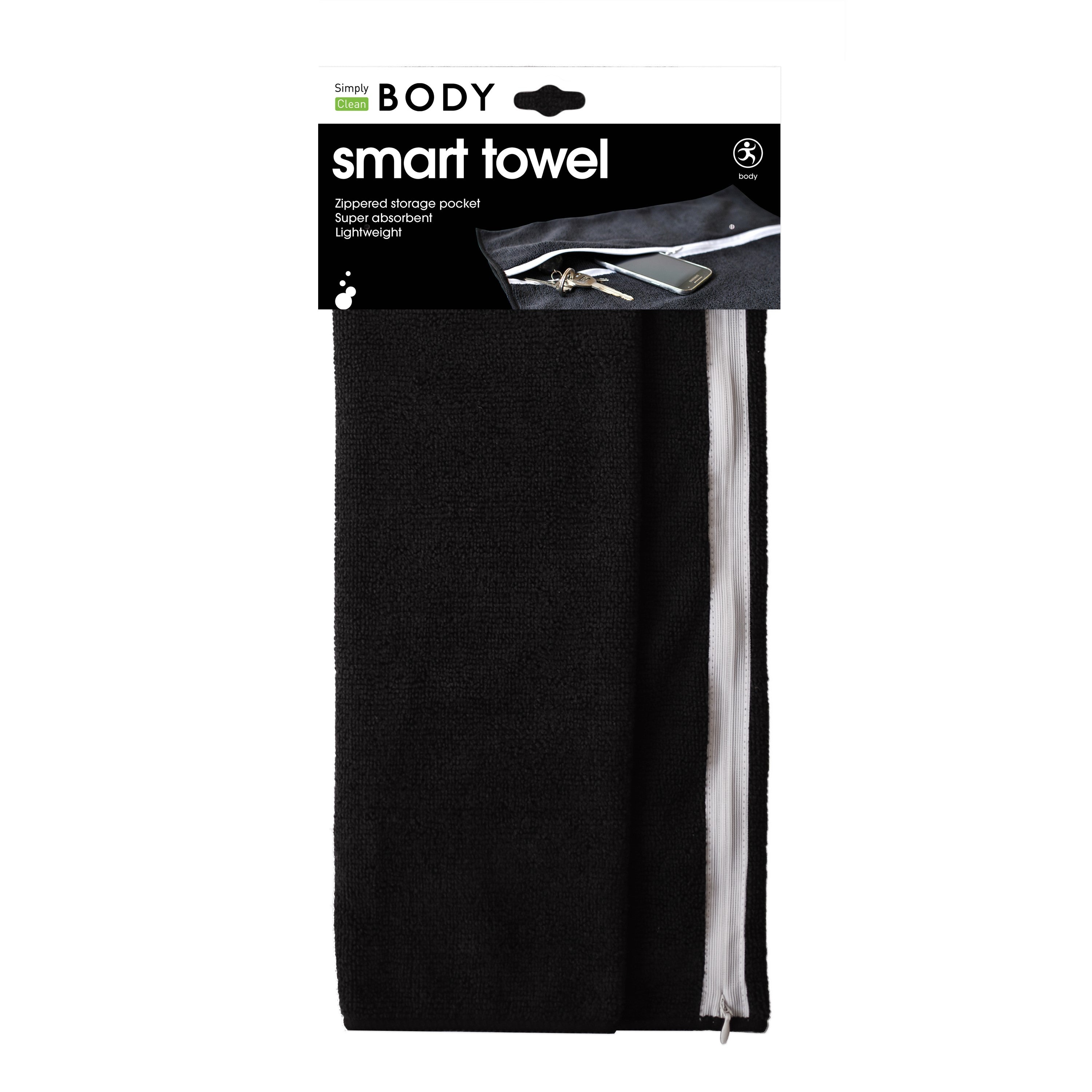 Black smart towel with white stripe in packaging on a white background. Simply Clean Active Smart Towel