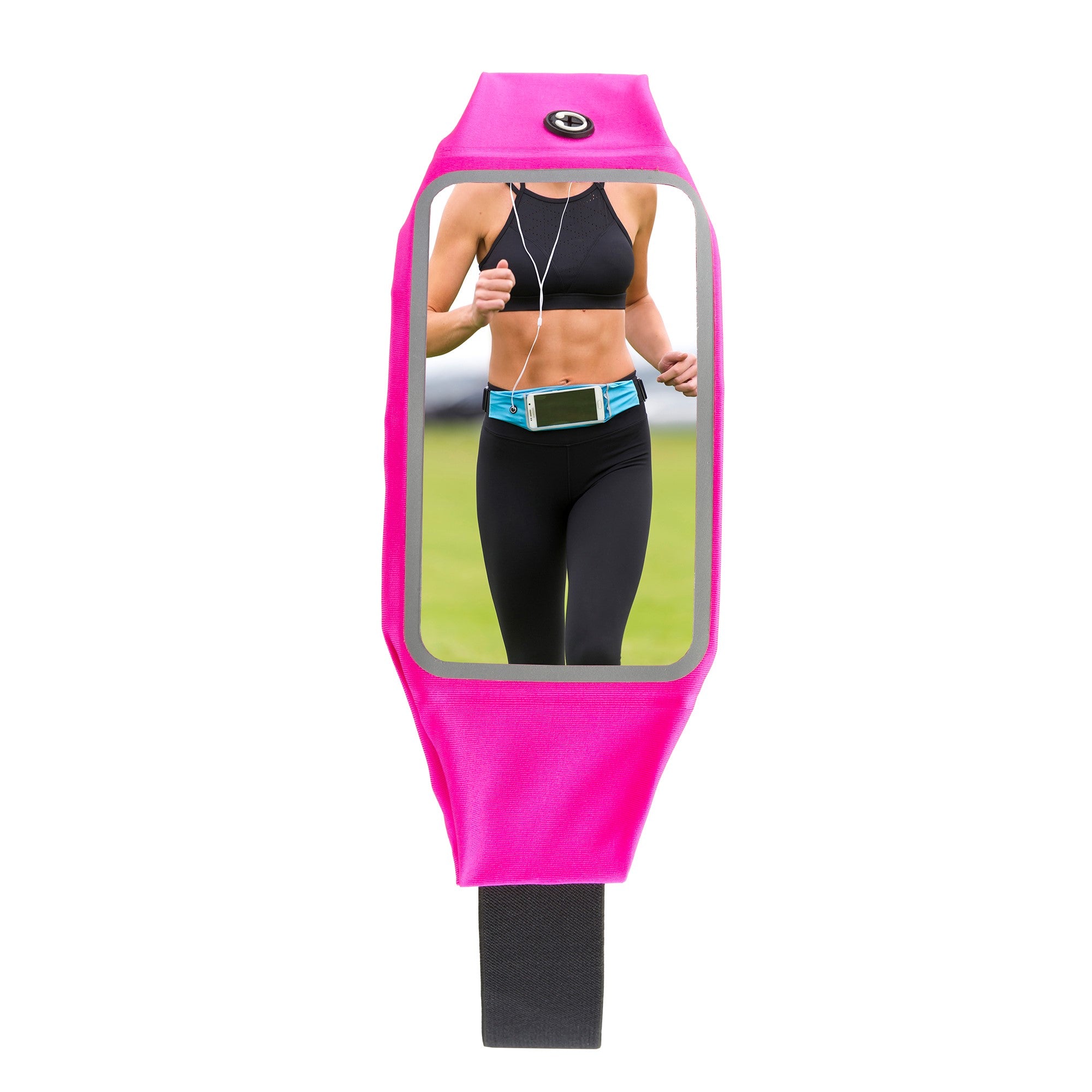 Pink fitness tracker with a reflective screen showing a person exercising on a white background Simply Clean Active Adjustable Waistpack