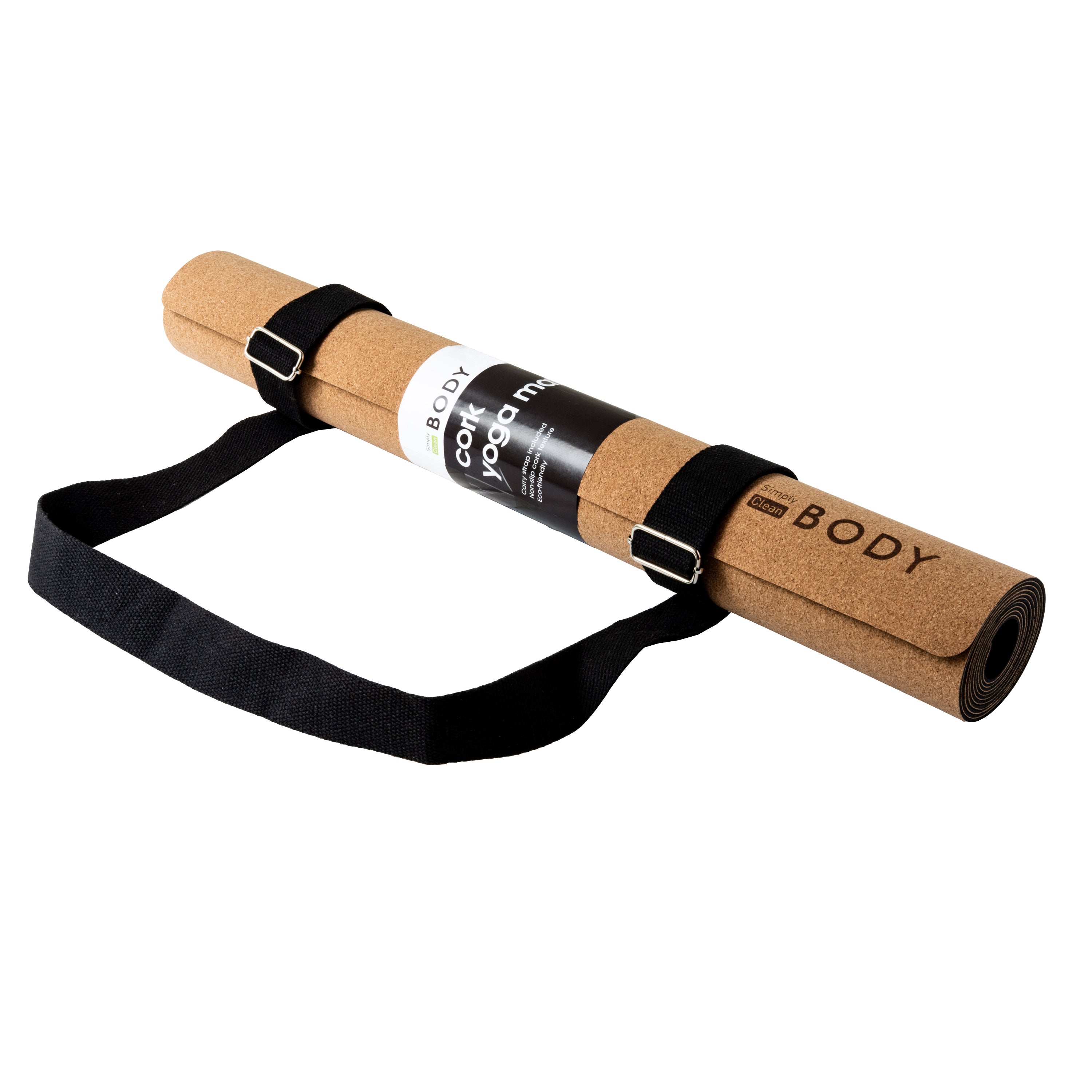 Cork yoga mat with black strap on a white background.  Simply Clean Active Cork Yoga Mat
