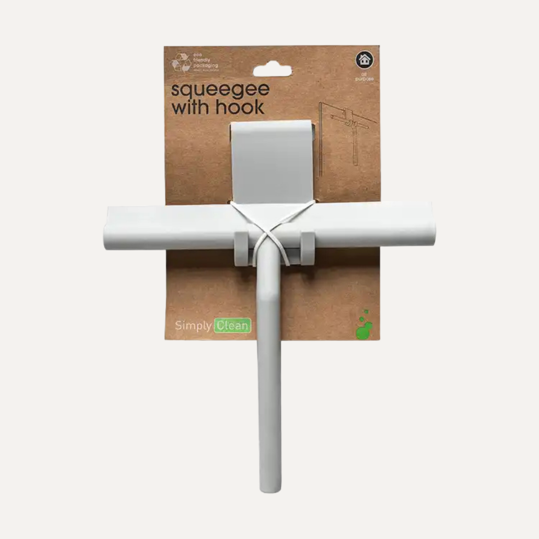 Squeegee with hook on a cardboard backing with 'Simply Clean' branding. Simply Clean Squeegee with Holder