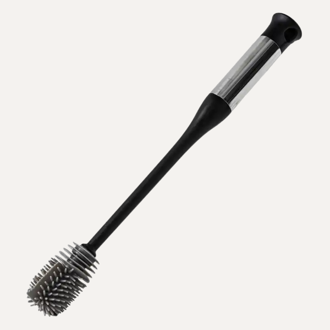 Bottle brush with black handle and bristle head on a white background. Simply Clean Bottle Brush